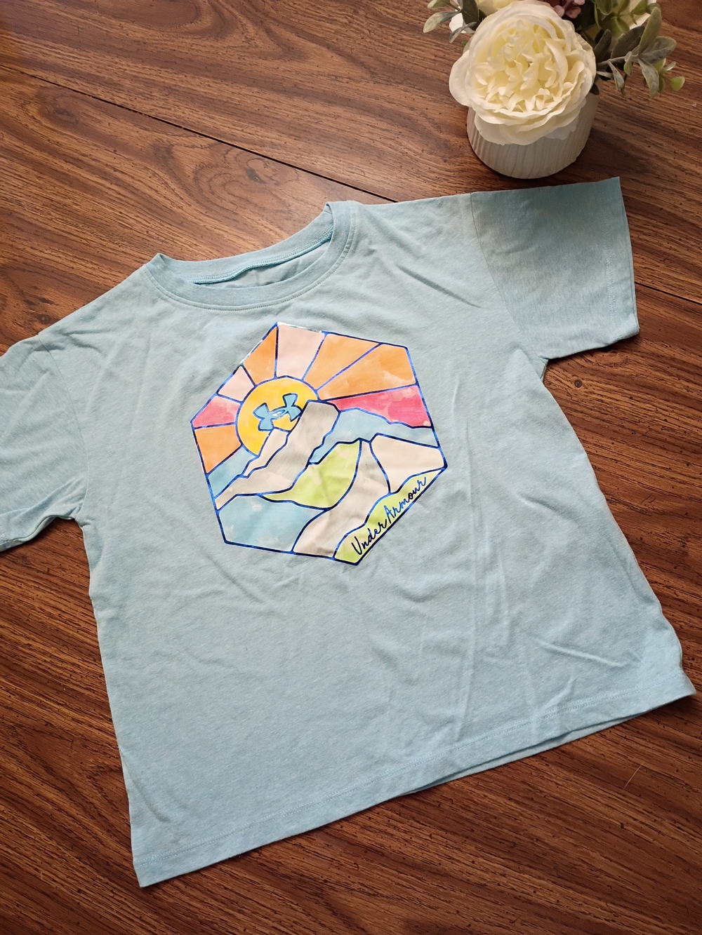 Under Armour Light Blue Kids Graphic Tee with Sunrise Mountain Art